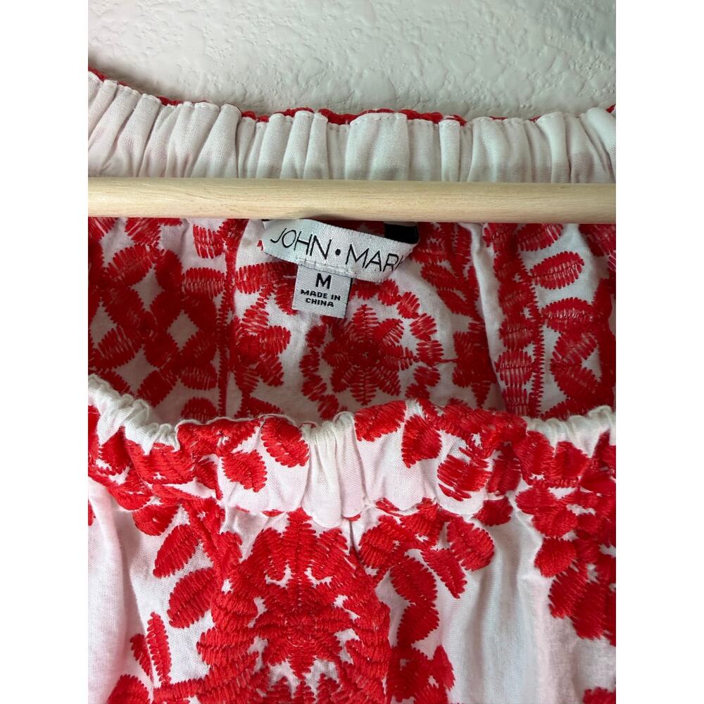 John Mark Red White Embroidered Peasant Blouse Boho Medallion Top Sz MD - Picture 7 of 7